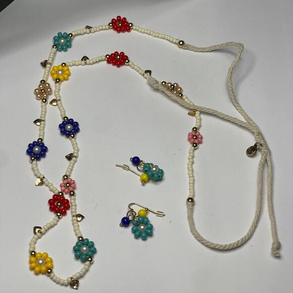multi colored fun necklace with matching pierced stud earrings white red blue - Picture 2 of 16